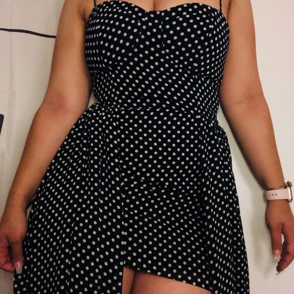 Navy blue polka dot hi-low dress